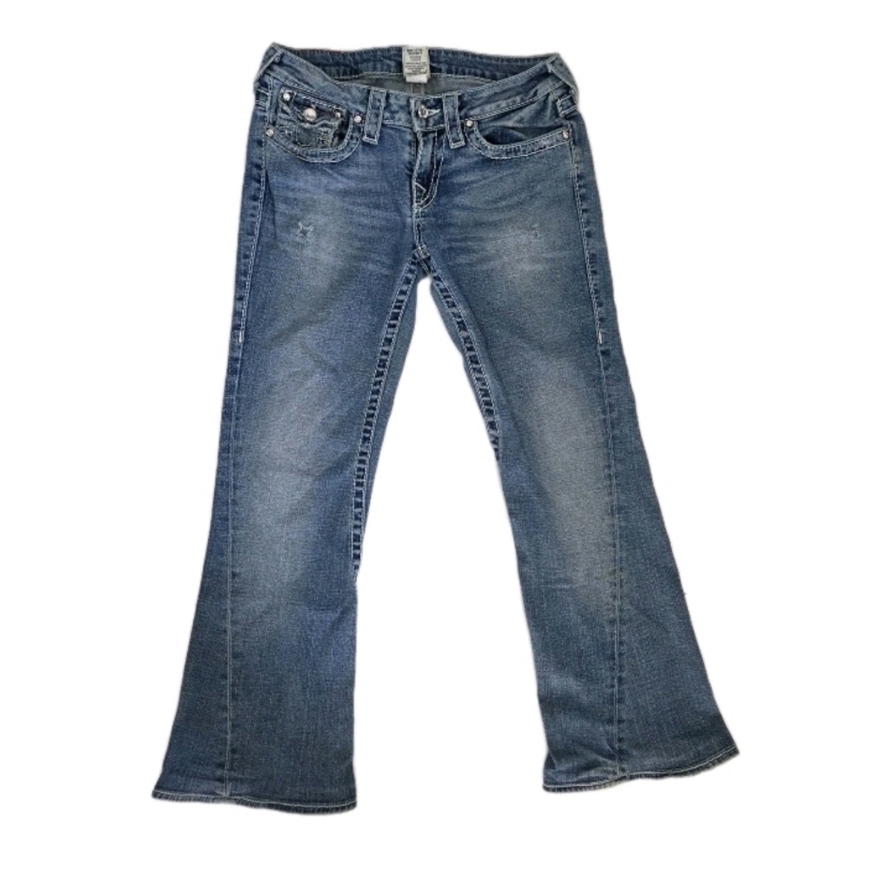 True Religion Womens Disco Joey Big T Flare Jeans Size 28 Rhinestone Bling Y2K